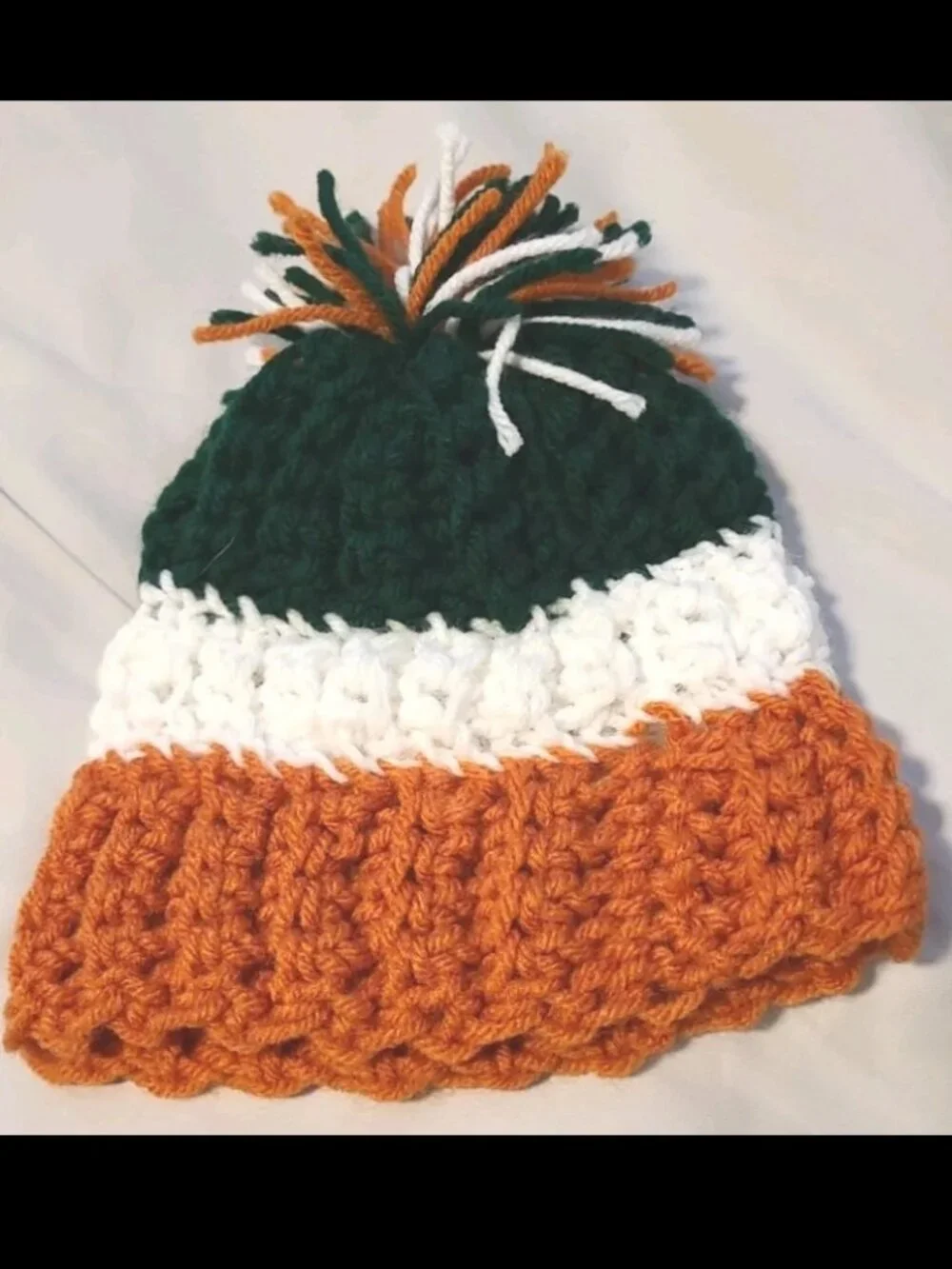 NWOT Handmade Crochet Baby Beanie Toque Hat In Green, Orange, & White